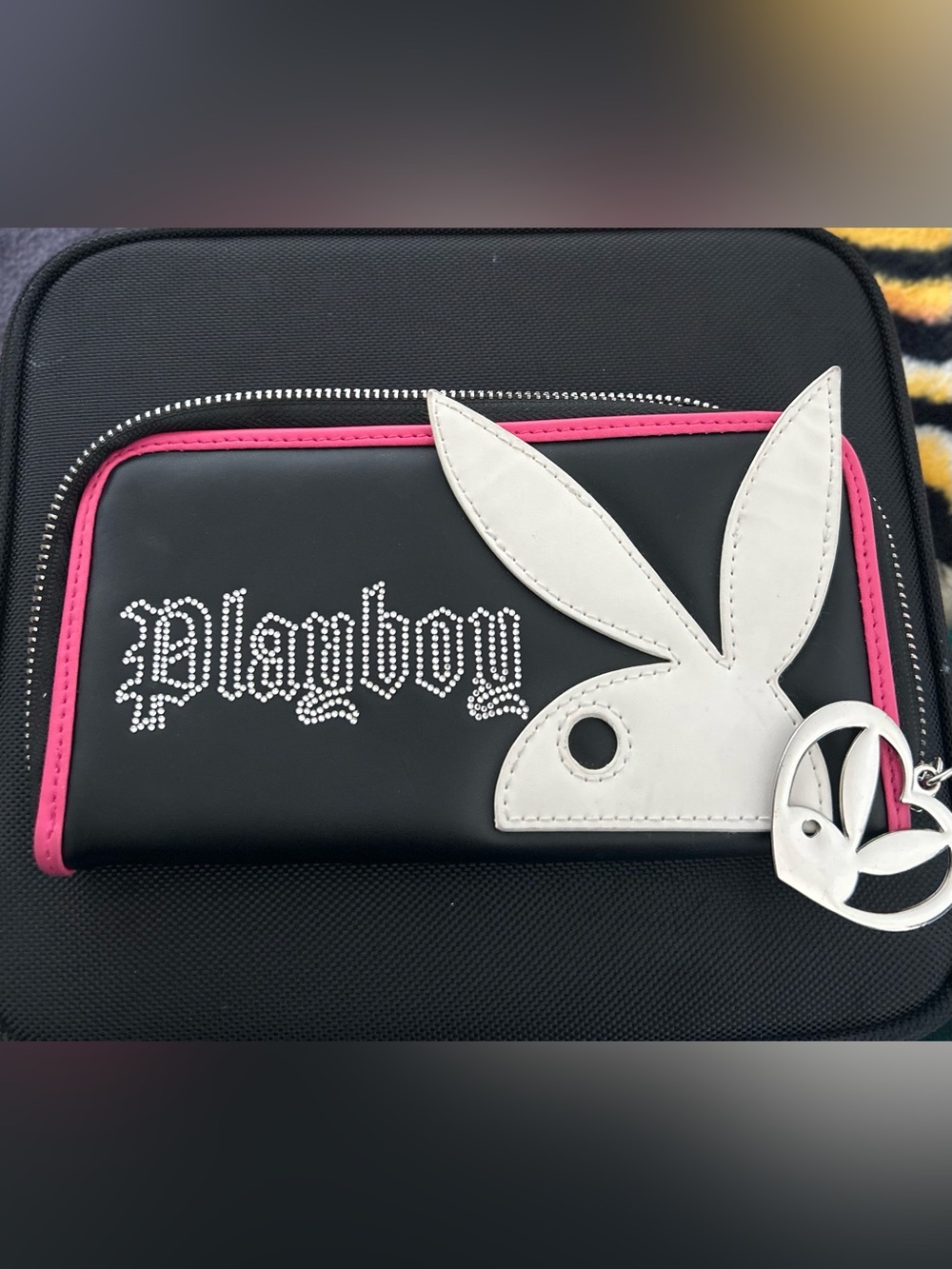 PLAYBOY bedazzled Black Wallet with White Bunny and Pink Trim